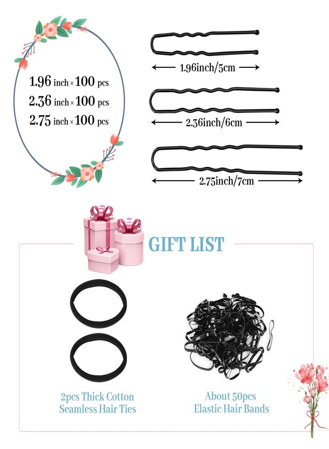 DySaLic 300Pcs U-Shaped Hair Pins Set for Women, Kids & Girls: 2.8IN, 2.4IN, 2IN Bobby Bun Pins with Storage Box, 2 Thick Seamless Hair Ties & 50 Elastic Hair Bands for All Hair Types, Black - Image 2